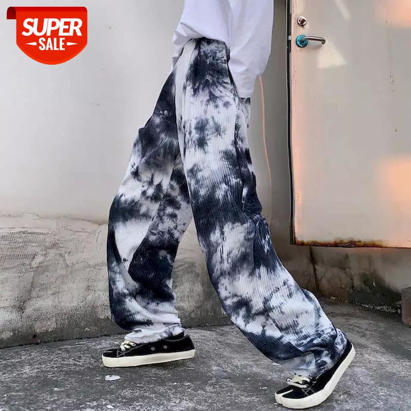 

women pants Harajuku tie-dye loose straight wild pants female student ins thin retro high street was thin wide-leg tide #0l3x, Black;white