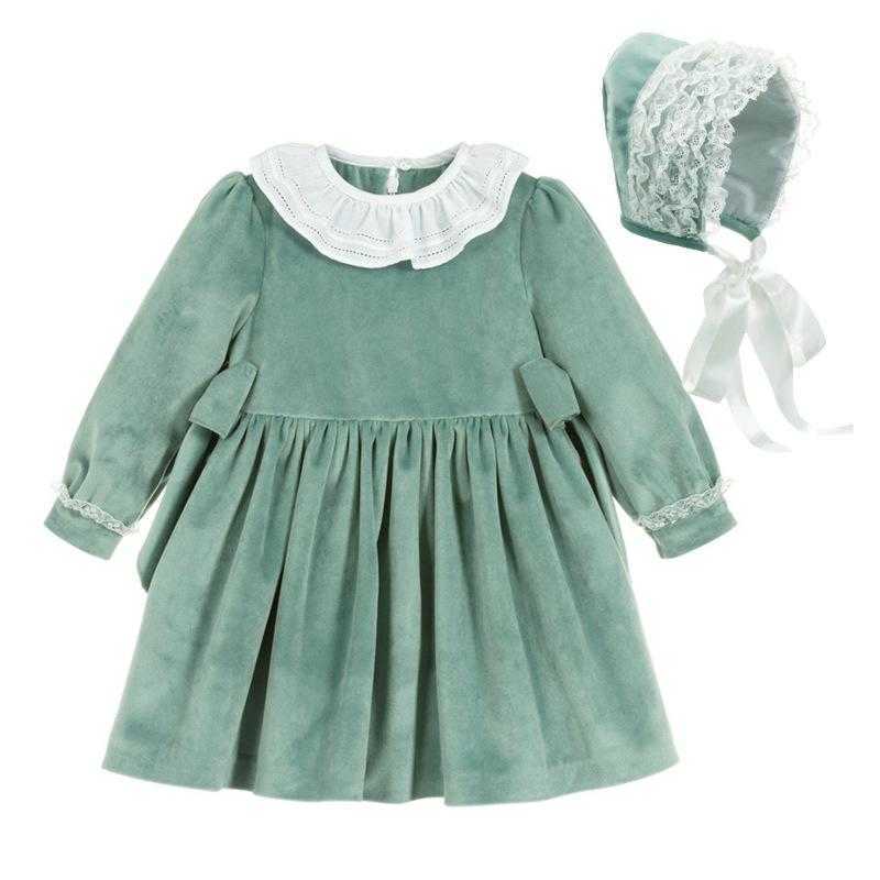 

Girls Spanish Princess Dress Children Spain es Baby Girl Gown 1-5 Y Hat Cotton Long Sleeve Green Velvet For Spring 210615, Dress and hat