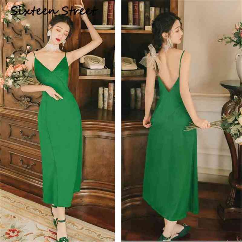 

Ladies Party Club Dress Sleeveless Backless V-neck Sexy Green Slim Ankle-Length Maxi Women Summer 210603, Blue