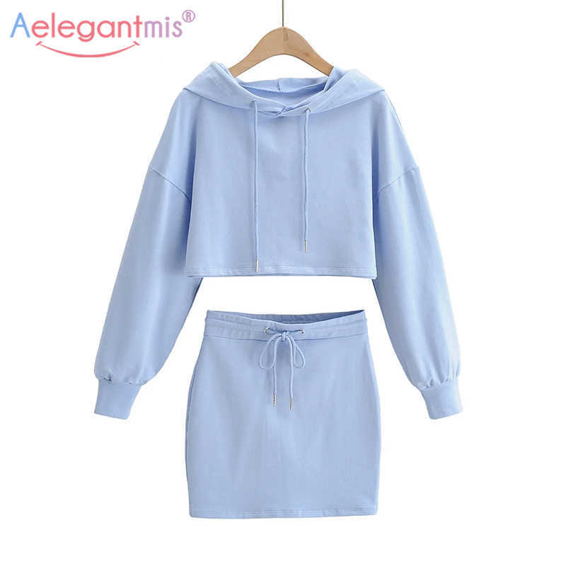 

Aelegantmis Hoodies Skirt Two Piece Set Women Casual Sets Cropped Sweatshirts Suits Drawstring Hooded Pullover 5 Colors 210607, Black