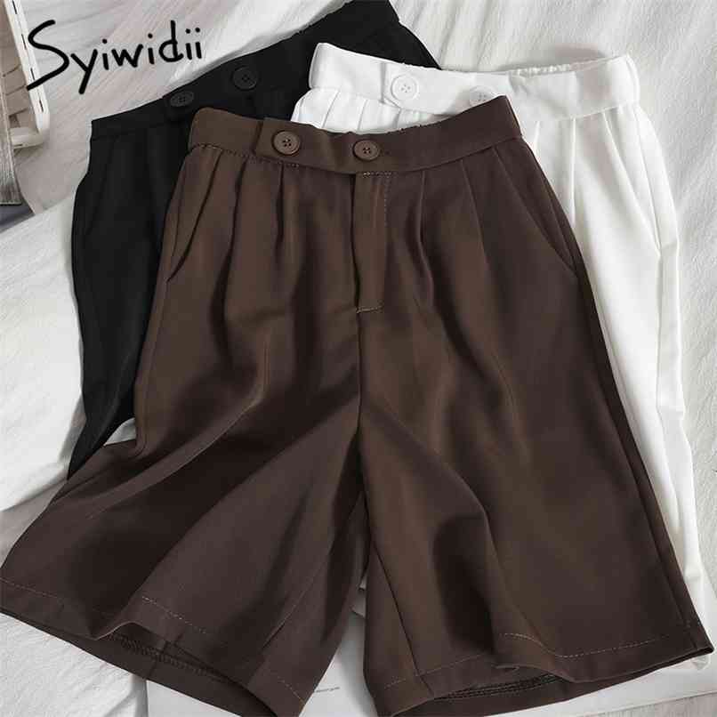 

Women's High Waist Shorts Button Up Pocket Casual Solid Black White Spring Summer Korean Fashion Office Ladies 210607