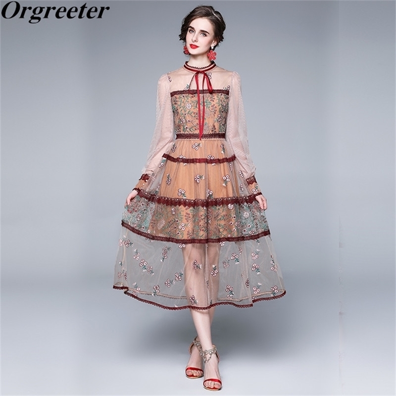 

Retro Stand collar Lace Mesh Patchwork Long Dress Summer Floral embroidery Stitching Trim Lantern sleeve Mid-calf 210602, Red