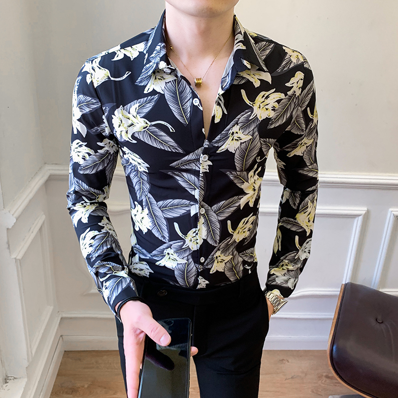 

New Preto/branco Coreano Manga Longa Camisas Florais Para Roupas Masculinas 2021 Simples Fino Ajuste Streetwear Prom Blusa Casual Homme 1dmg, Black