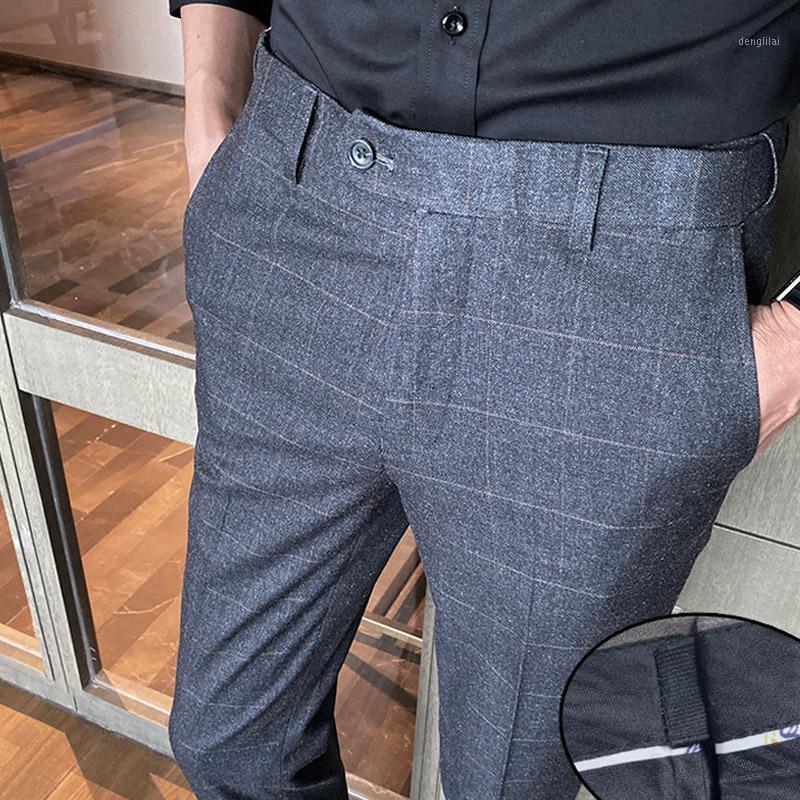 

Men's Pants Mens Casual Pant Male Business Trousers Classic Dress Straight Full Length Fashion Lattice Stripe, Gray