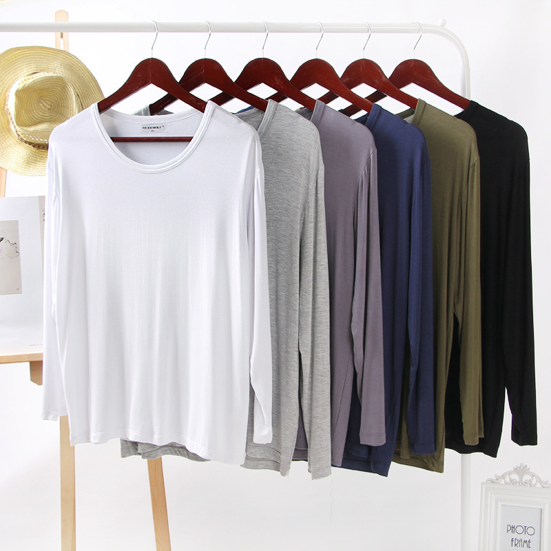 2021 New Modal Men&#039;s Round Neck Pajamas Long Sleeve Casual T-shirt Large Size Loose Solid Color Tops Home Service Sleep Wear Men Fliq-image-660287055