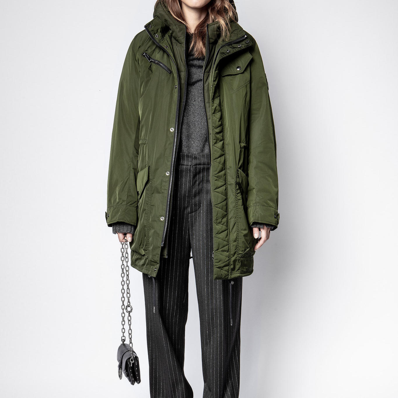 

2021 Winter New Fashion All-match Two-piece Cotton Pocket Hat Back Slit Warm Jacket Women 280i, Black