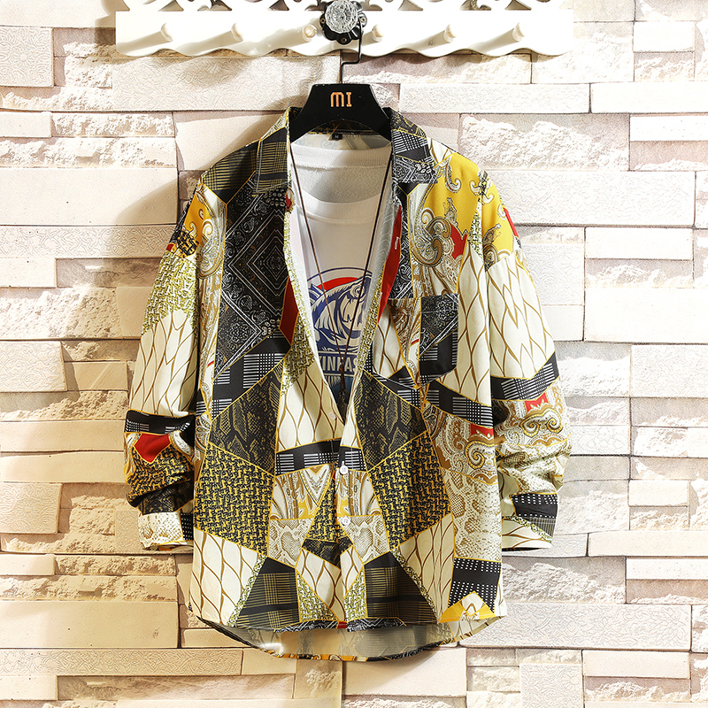 

2021 New Hawaiian Style Men's Long Sleeve Print Vacation Plus Size Casual Stand Collar Button Loose Shirt Apparel Comfort Tops Drxh, Yellow