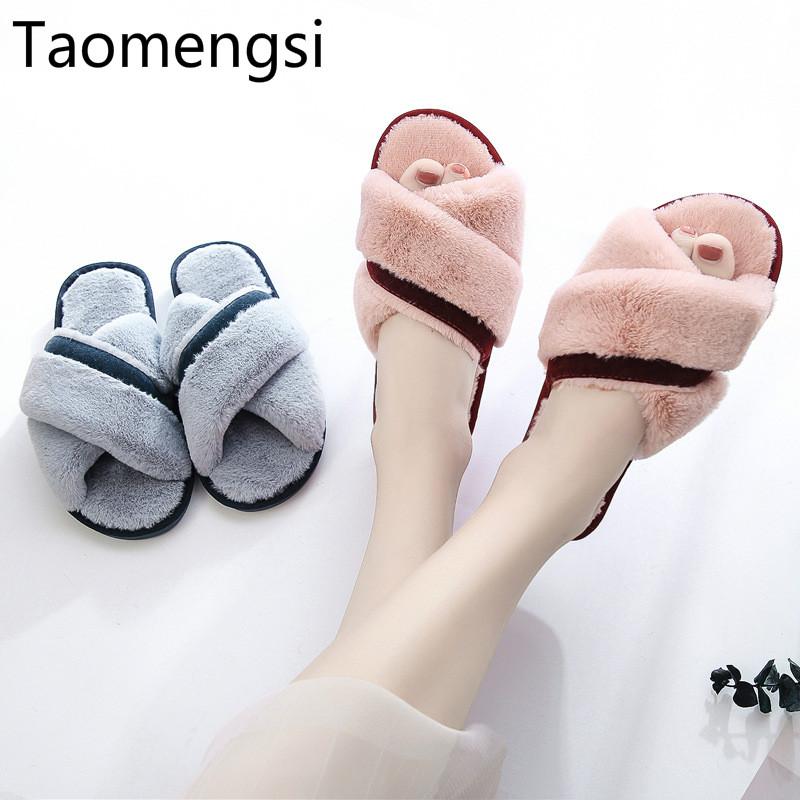 

Slippers Taomengsi Autumn Winter Cross Hairy Female Flat Bottomed Anti Slip Toes Warm Sweat Absorption Home Floor Plush, Black