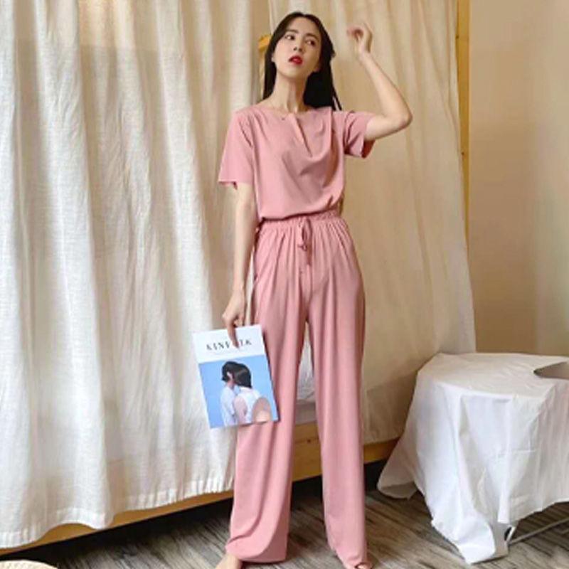 

Casual suit 2021 summer new loose T-shirt wide leg pants 2-piece women's suit, Black