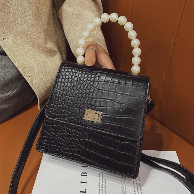 

Crocodile pattern Pearl Tote bag 2021 Fashion New High quality PU Leather Women's Designer Handbag Lock Shoulder Messenger Bag, Black