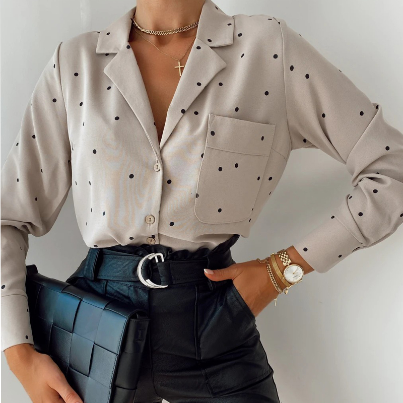 

2021 New Women Fashion Polka Dot Shirt Casual Turn-down Collar Long Sleeve Pockte Solid Tops Elegant Oversized Streetwear Autumn Vgi2, Khaki