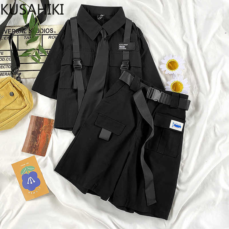 

Tracksuit Women Safari Style 2pieces Suits Short Sleeve Ribbon Blouses + Belt High Waist Half Pants Sets 6F450 210603, Black