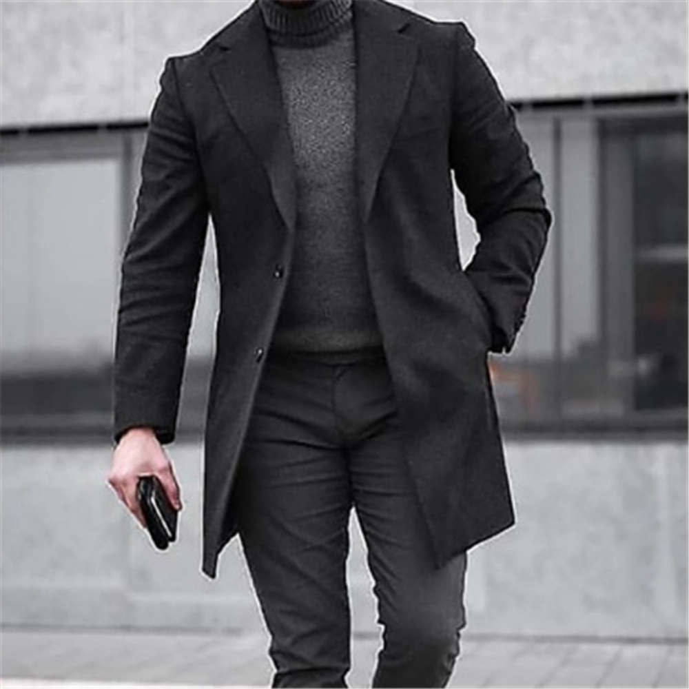 

Tweed Coat Men Korean Style Fashion Winter Jackets Turn Down Collar Long Slim Fit Solid Single Breasted Overcoat, Black;brown