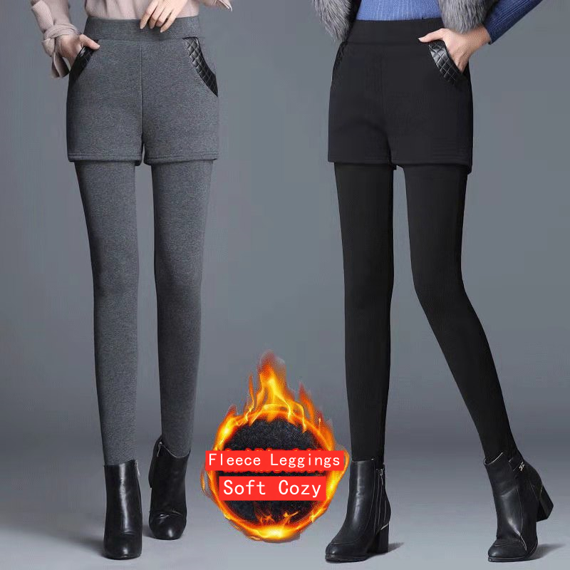 

Autumn Winter Womens Full Length Pants Fake 2 Pieces With Pockets Design Soft Warm Velvet Thick Close-Fitting Leggings Female, Black;white