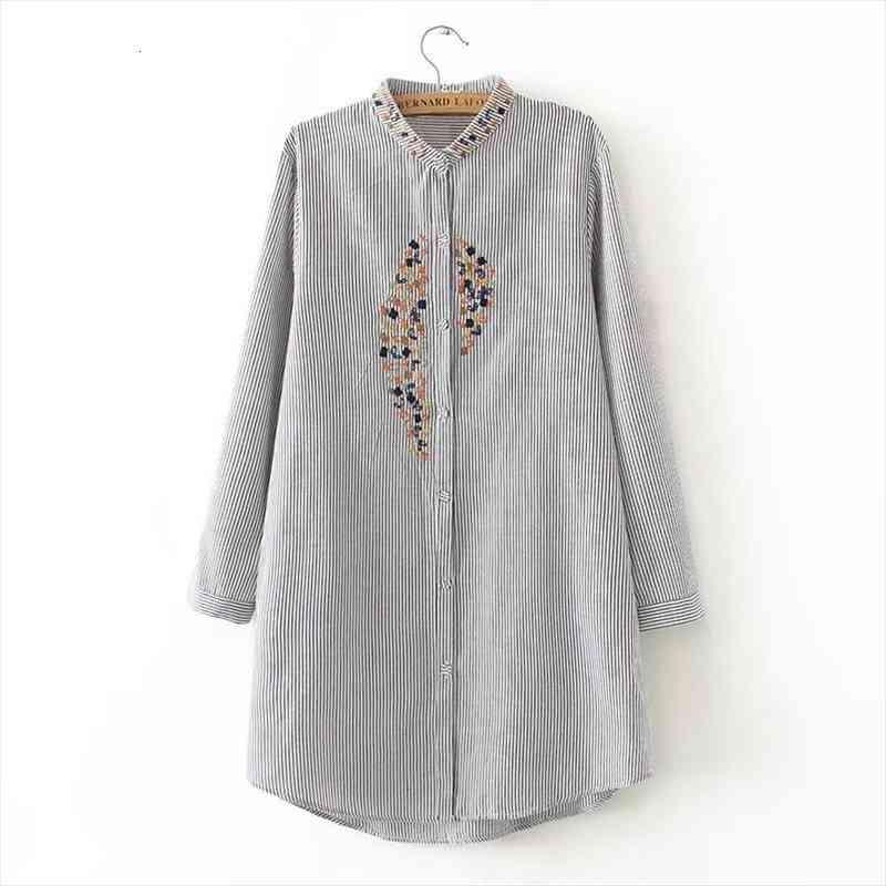 

Women Elegant Plus Size Top Embroidery Long Shirts Striped Full Cotton Long Sleeve Blouse Stand Collar Casual Blusas Femm, White