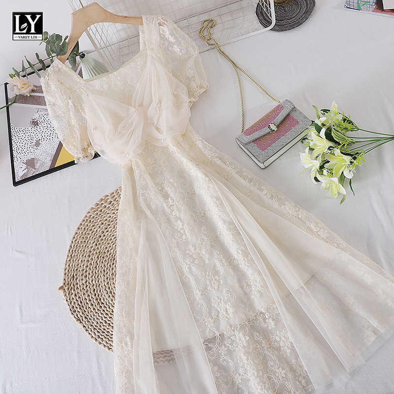 

LY VAREY LIN Summer Women Casual Puff Sleeve Solid Color Apricot Female Dresses Sweet Lace Square Collar High Waist 210526