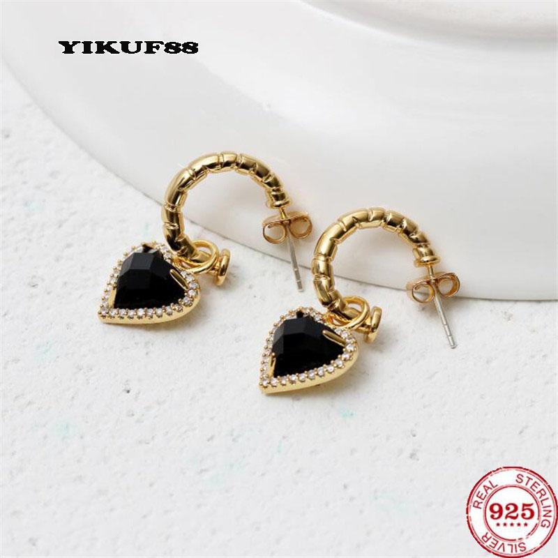 

Stud YIKUF88 S925 Sterling Silver Needle Women Heart-shaped Earrings Female Real Gold Plated Ear For