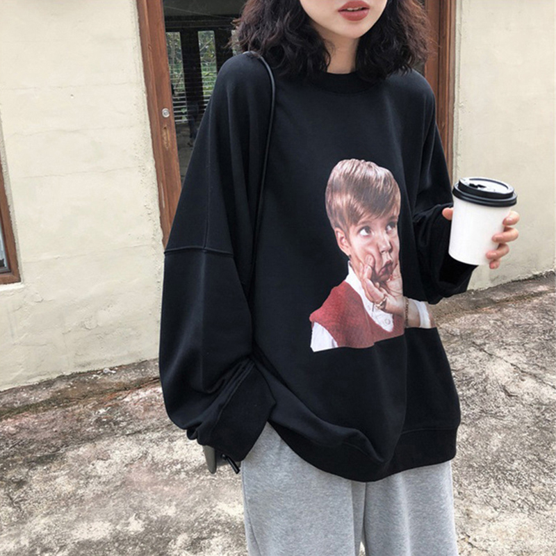 

2021 Funny Boy Face Print Bf Oversized Sweatshirt Women Solid Loose Autumn New Chic Design Fashion Pullovers Plus Size Clothes Stt6, Red