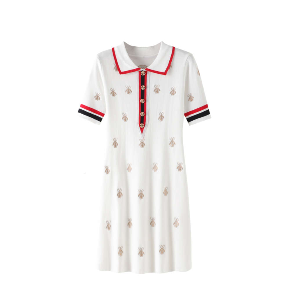

sweater summer star same women's Pullover collar bee embroidery high waist medium length slim knit dress, White;black