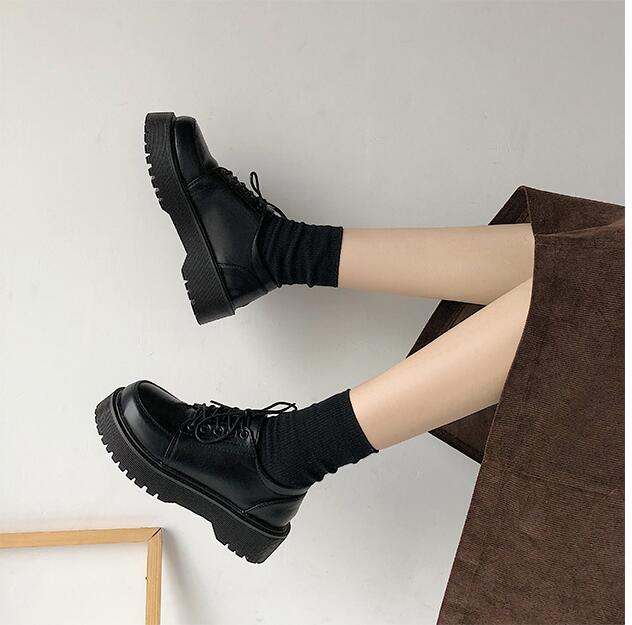 

Spring Autumn Women Oxford Shoes Flat on Platform Casual Shoes Black Lace Up Leather Sewing Round Toe zapatos mujer