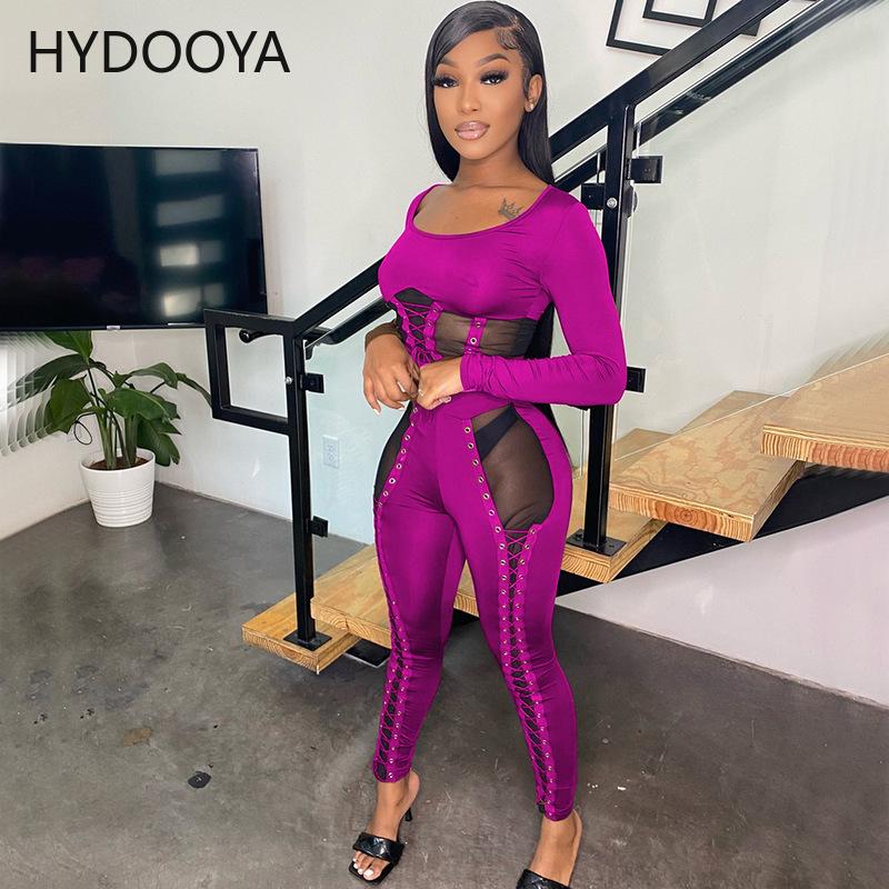 

Women's Two Piece Pants Sexy Sheer Mesh 2 Club Outfit Clothing Lace Up Hollow Long Sleeve Crop Top+See Through Pencil Legging Matching Set, White