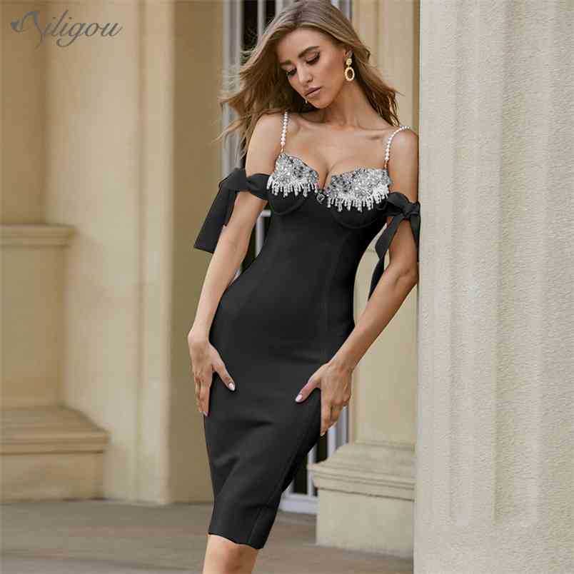 

Summer Black Off Shoulder Bandage Dress Women Sexy Luxury Diamond Midi Celebrity Evening Runway Club Party 210525, Black bandage dress