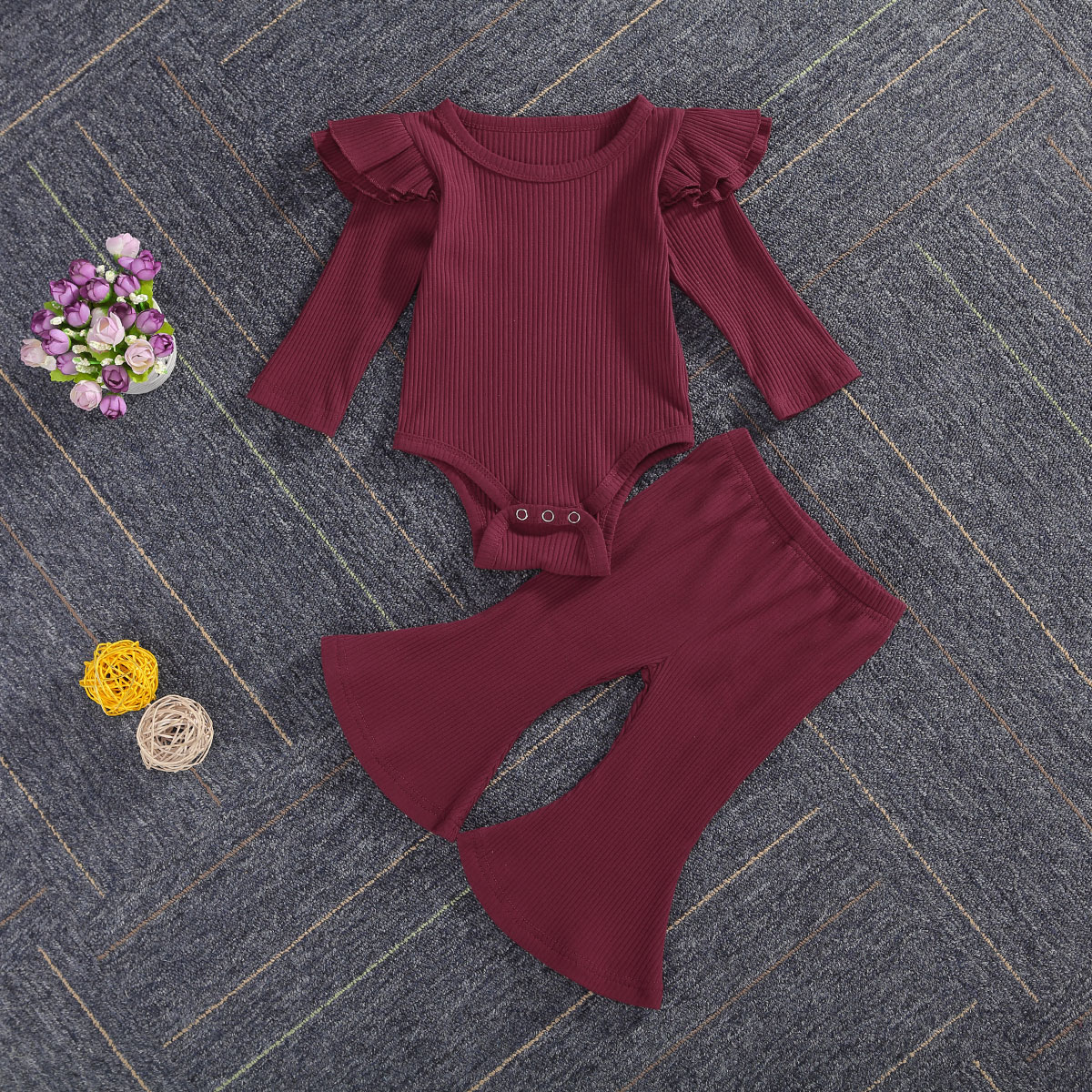 

Newborn Baby Girl Solid Color Clothes Sets Long Sleeve Cotton Bodysuit Tops Flared Pant Bell Bottom 2PCS Outfits, Red