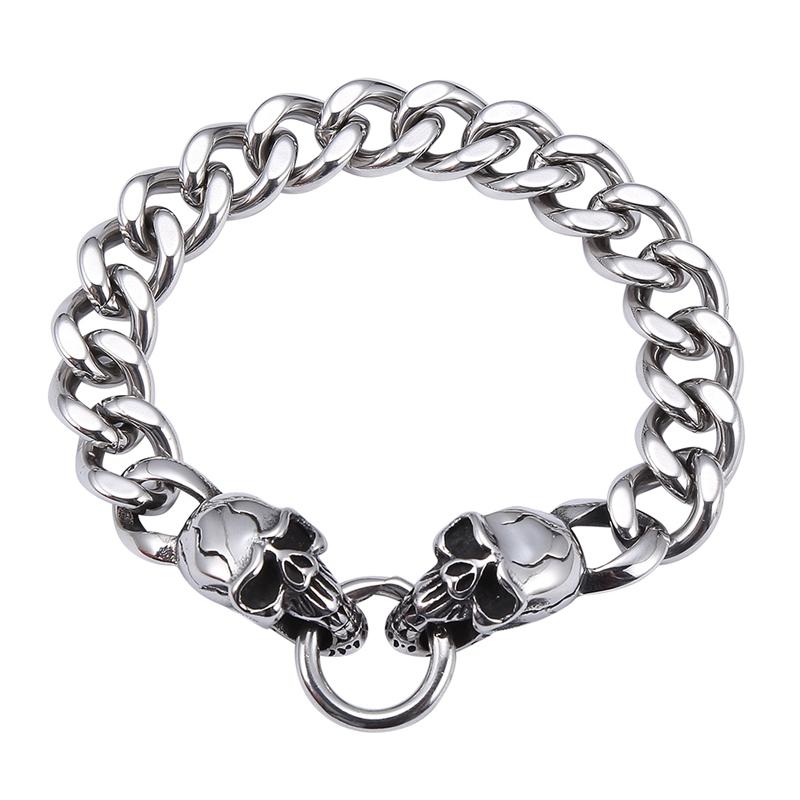 

Link, Chain 12mm Double Skull Stainless Steel Curb Cuban Link Men Trendy Bracelets Hiphop Rock Jewelry Male Wristband Gift GS0006