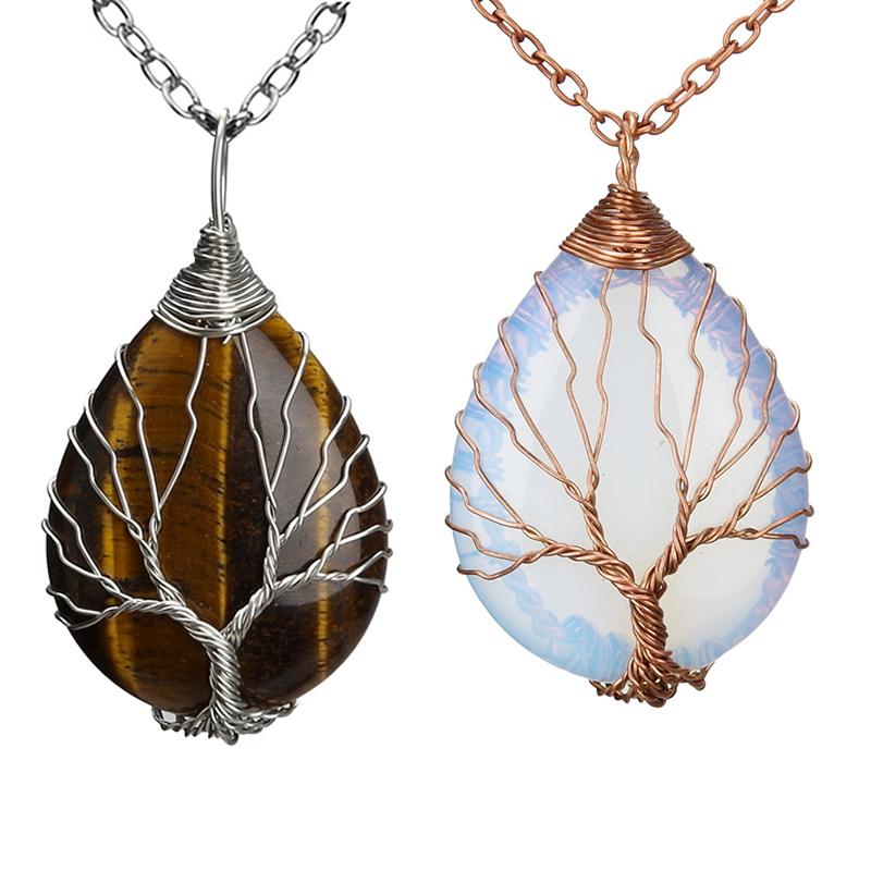 Pendant Necklaces Fashion Handmade Tree Of Life Copper Wire Wrapped Chain Necklace Water Drop Healing Crystal Men Women Jewelry-image-707612257