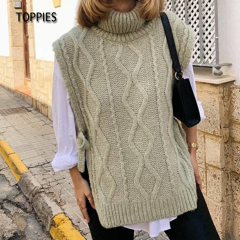 

New 2021 Green Turtleneck Sweater Vest Woman Knitted Tops Sleeveless Waistcoat Side Lace Up Bow 89d6, Light green