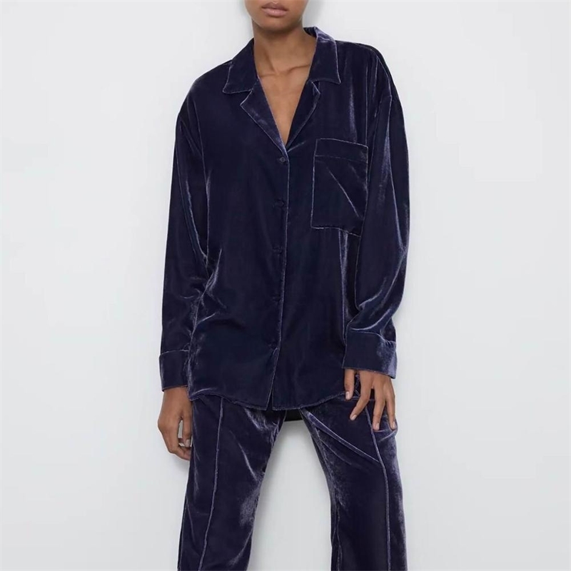 

Women Loose Long Shirt Spring Fashion Soft Velvet Full Sleeve Oversized Lady Top 210602, Navy blue