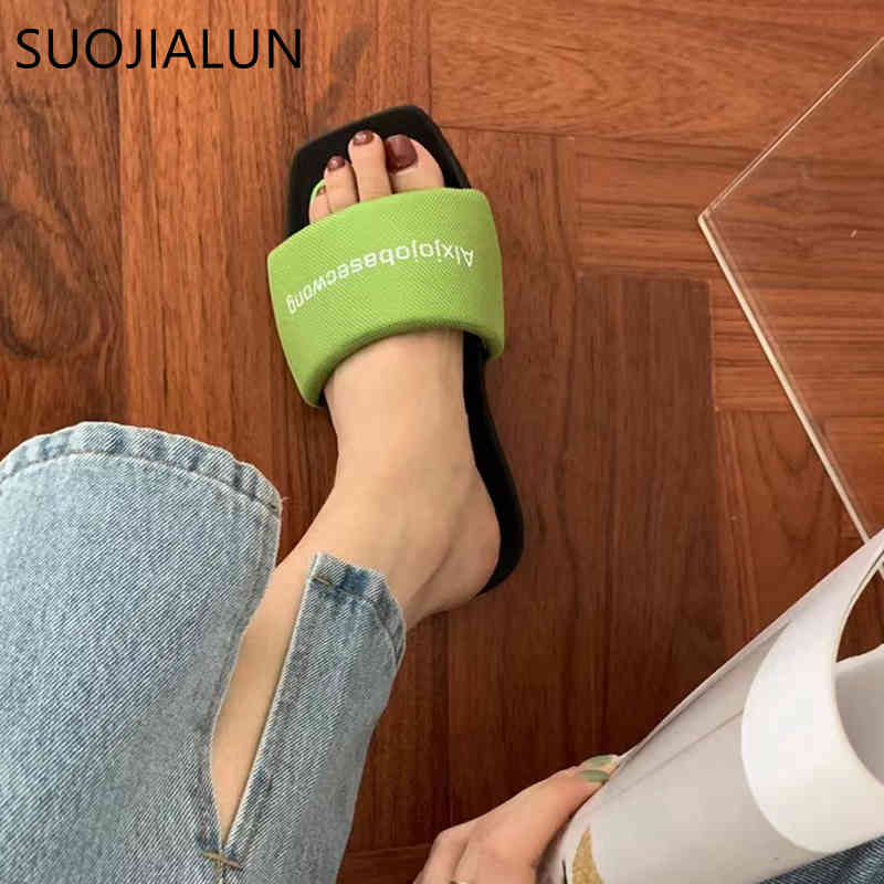 

SUOJIALUN 2021 Summer Women Slipper Fashion Brand Letter Printing Flat Heel Slides Casual Ladies Home Flip Flops Outdoor Sandal K78, Black