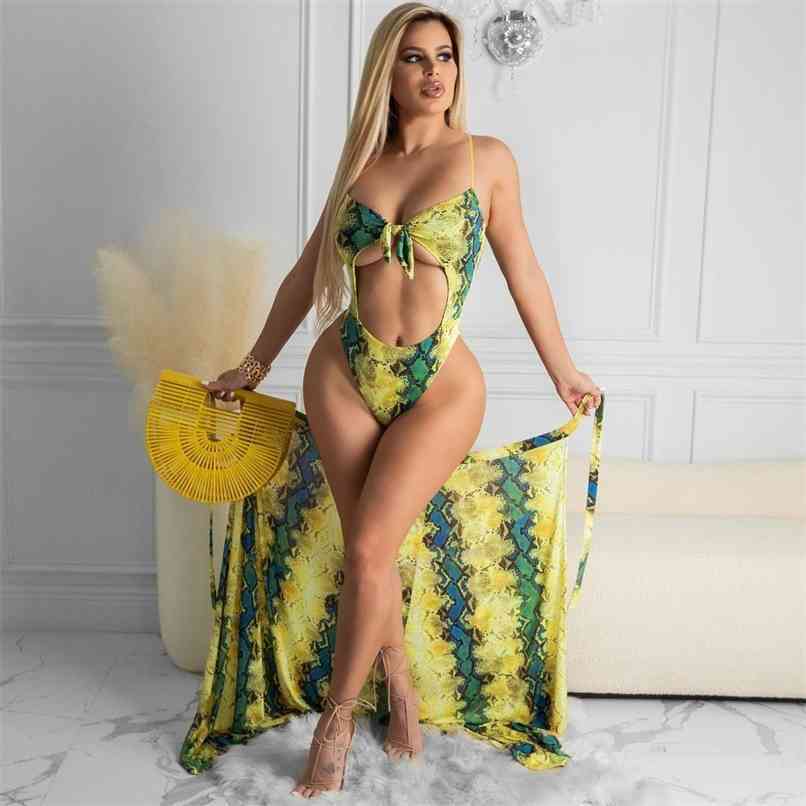 

Summer Casual Beach Two Piece Sets Women Clothing Snake Skin Hollow Out Bodycon Bodysuit And One Skirts Sexy Holiday 210525, Multi