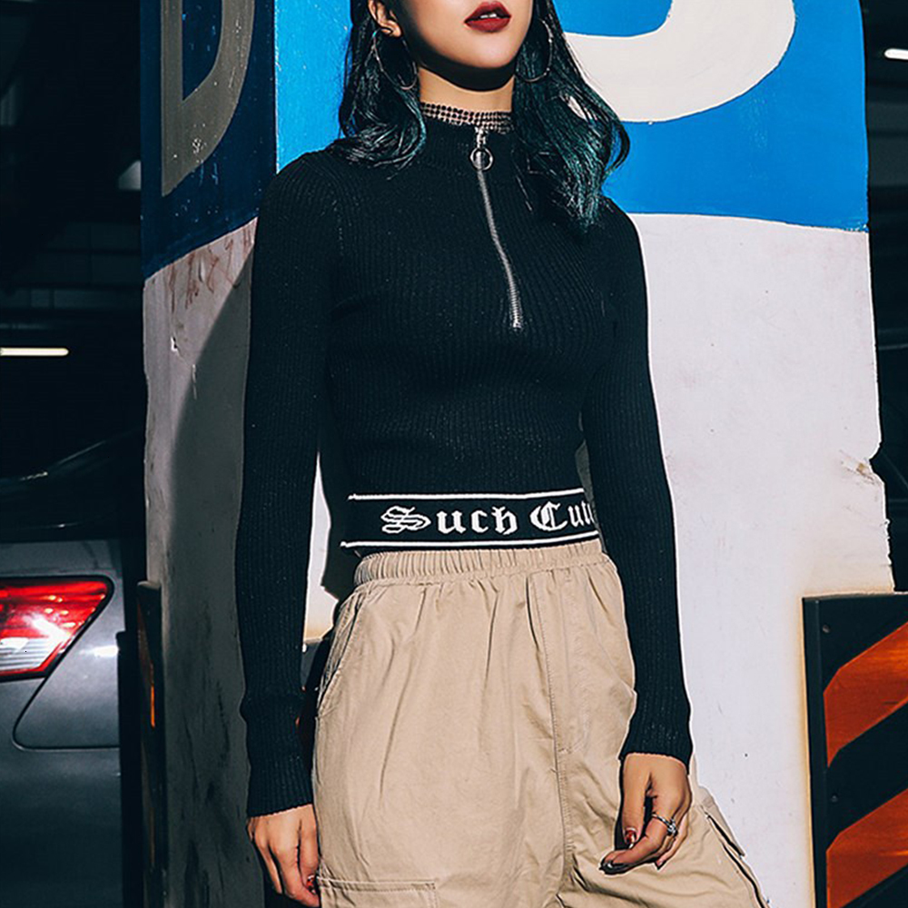 

2021 New Women Fashion Cropped Knitted Tops Fall Long Sleeve Zipper Turtleneck Sweater Harajuku Pullover Streetwear 0qvq, Black