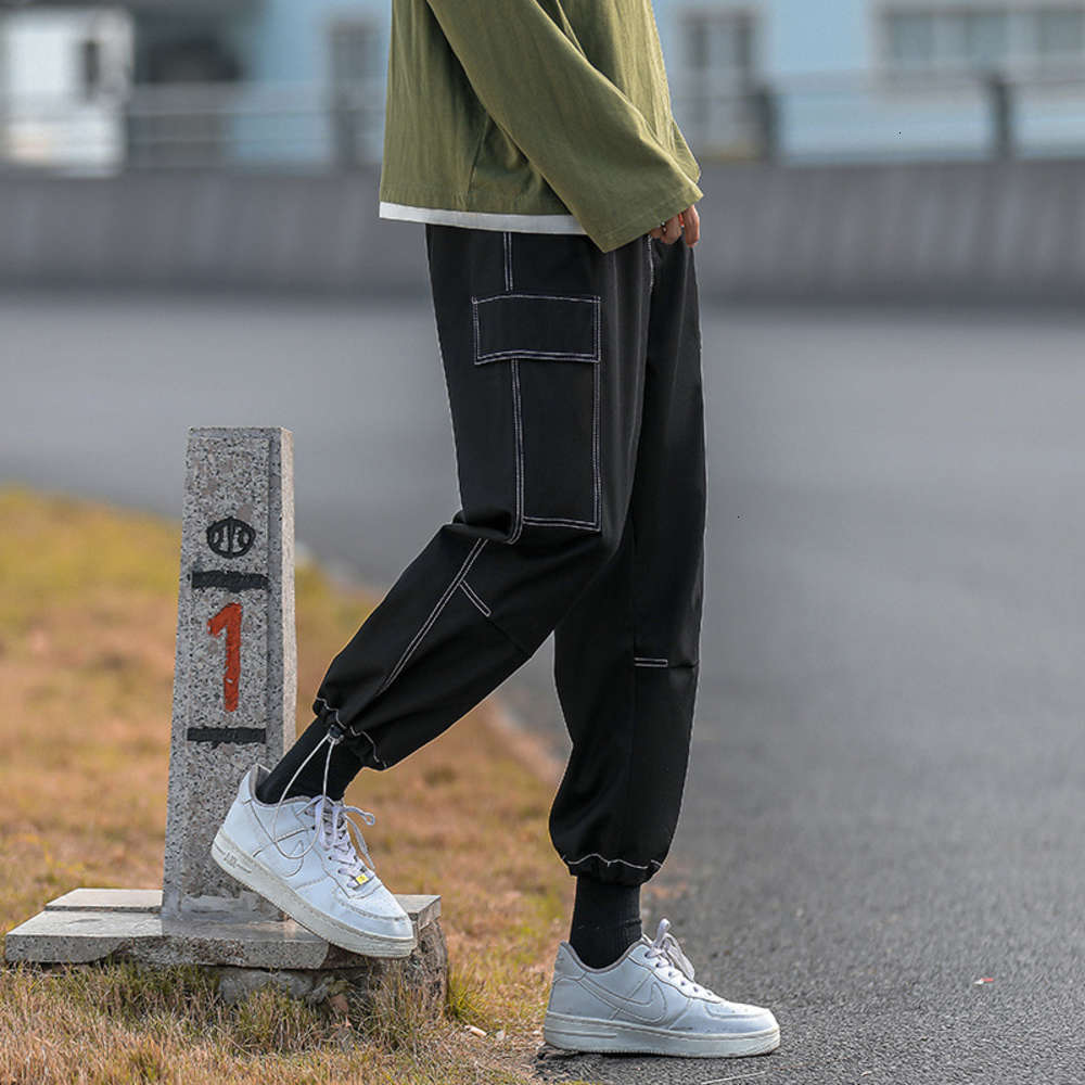 

2021 spring autumn casual pants men's new Korean fashion Leggings drawstring youth trend Capris, Black