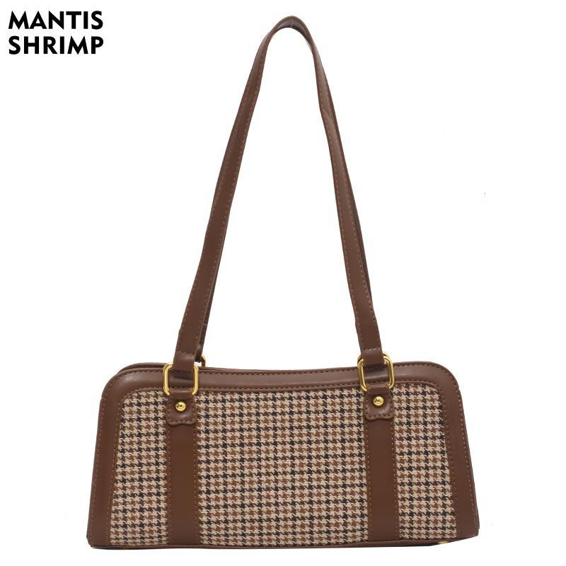 

Women Bag High Quality Shoulder Bag Pu Leather Bowling for Ladies Luxury Designer Handbag Houndstooth Female Purse, Black