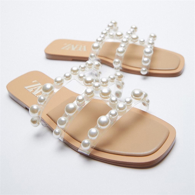 

Summer Cool Outside Designer Shoes Nude PVC Pearl Slipper Women Fairy Flat Sandals Female 210607