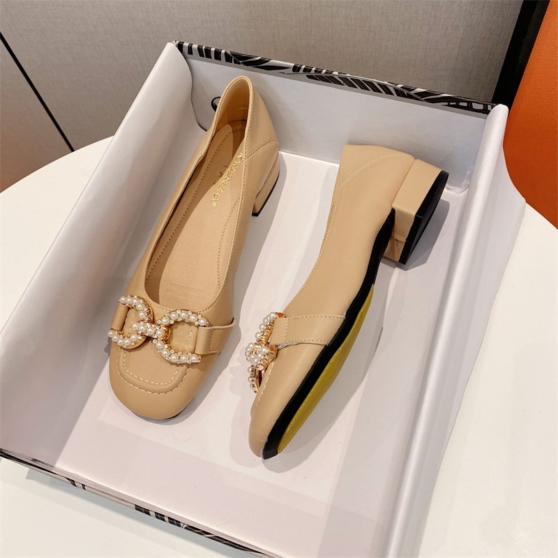 Cuir talon épais tête carrée perle chaussures pour femmes automne bouche peu profonde chaussures paresseuses couleur unie talon bas semelle plate
