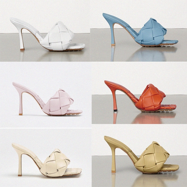 

with box summer house slippers square mules high heel intrecciato LIDO sandals slippers women outdoor flat beach 2021, Black