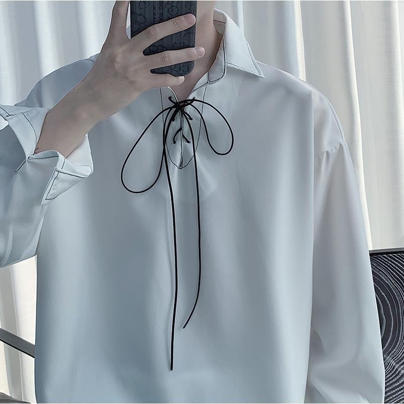 

Men's Casual Shirts Men Goth Shirt Fairy Trend Sense Of Abstinence Niche Aesthetic Long-sleeved White Blouse Women Ruffian Handsome Pullover, Black