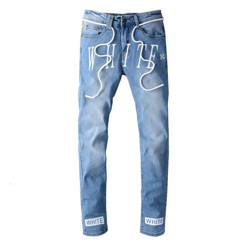 

2021 New Men's Large Size 28- Fashion Streetwear Design Printed Denim Pants Creative Print Slim Fit Ripped Jeans Male Trousers 149 9s38, Sky blue