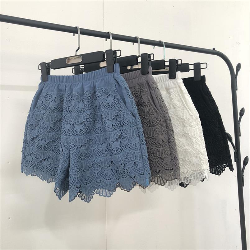 

hollow out lace mid womens shorts waist black white loose cute femme elegant summer and autumn arrival, White;black