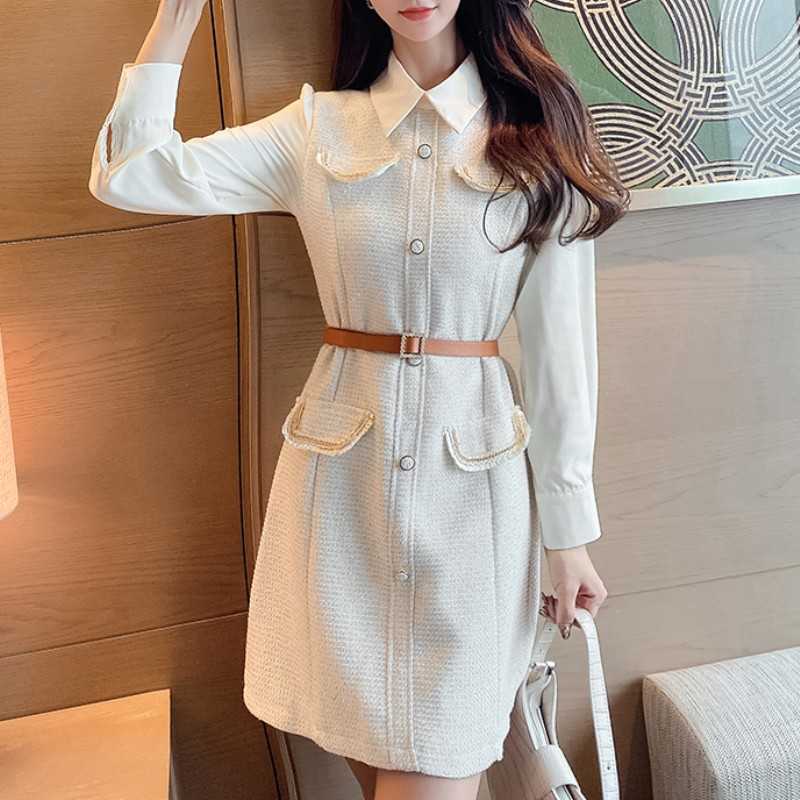 

Vestidos Autumn Elegant Turn Down Collar Fashion Slim Tweed Dress Runway Women Single-breasted Woolen A Line Female 210526, Photo color