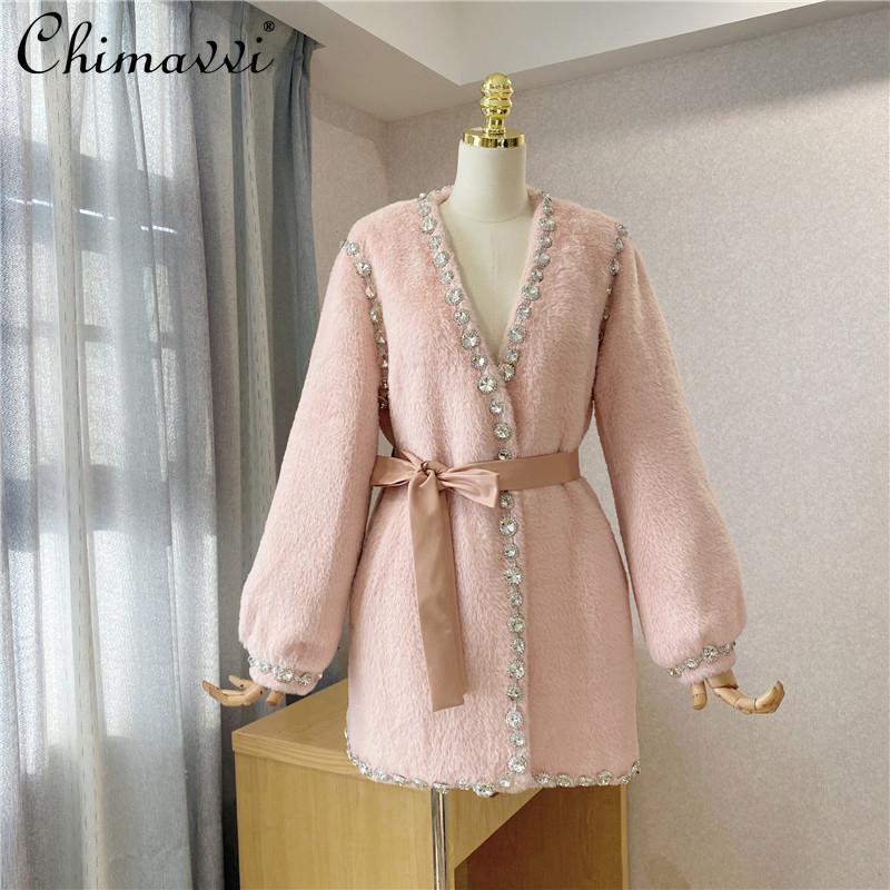 

Women' Wool & Blends 2021 Winter Office Lady Warm Beads Velvet Padded Thickened Coat Ladies Fashion Streetwear Solid Color Wool&blends, White