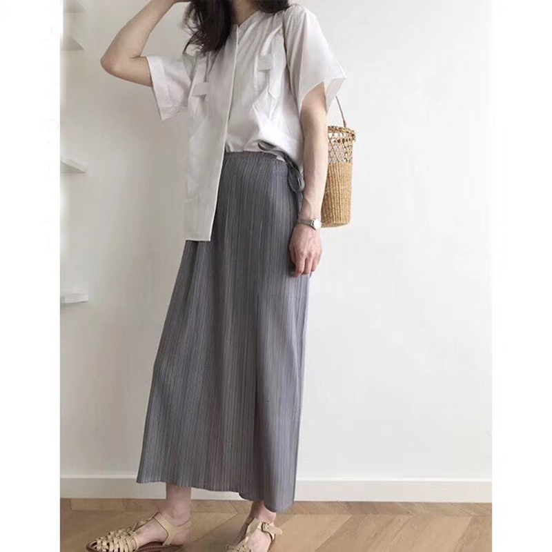 

2021 New Pleated Summer Korean Trousers Casual Solid Color Wide Leg with Skir Belt Half Apron Design Pants Tp2242 Ogjc, Black