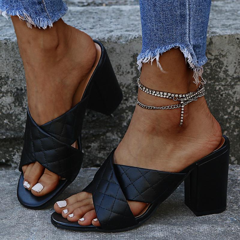 

Sandals Ins Trend Women Leather Cross Strap Chunky High Heel Peep Toe Sewing Solid Elegant Sexy Shoes Ladies Female Summer 2021, White