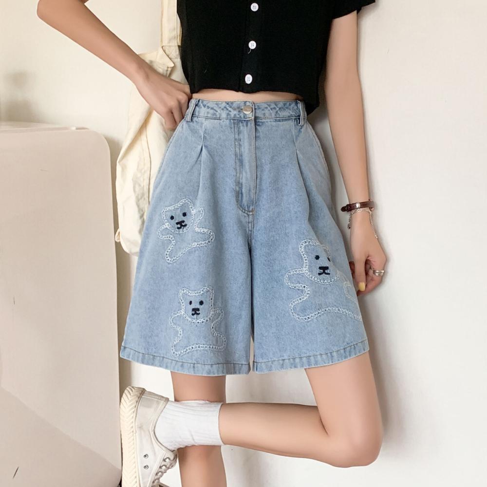 

2021 New Trendy High Waist Jeans Embroidery Bear Print Straight Wide Legs Women Summer Denim Casual Shorts E406, Blue