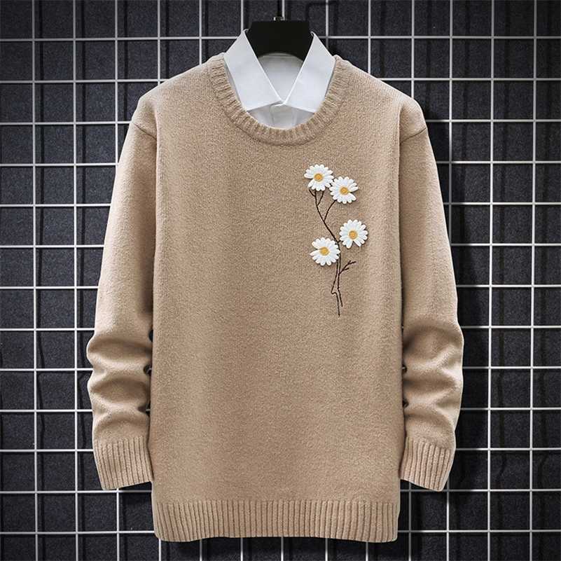 

Mens Knitted Sweater Autumn Winter Men' Pullover Flower Decoration Jumper Casual Loose Soft Male Sweaters Daisy Embroidery 211014, Dwx2188 khaki