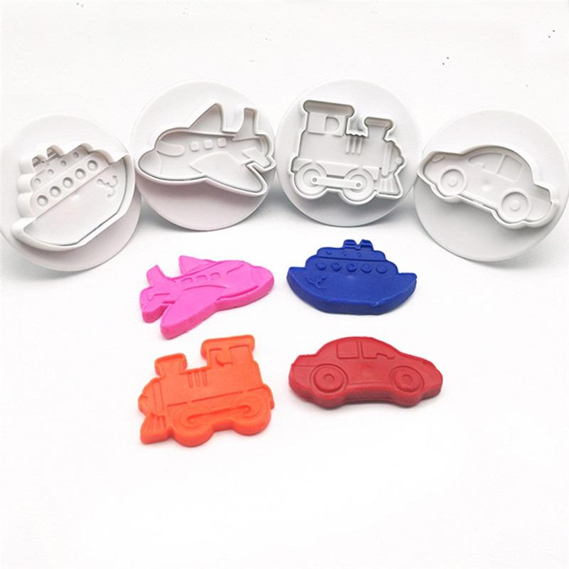 

Baking Moulds 4pcs/set Car Plane Truck Set Plastic Plunger Cutter Cookie Mold Embossing Cake Decorating Tool Fondant Mould KO992641