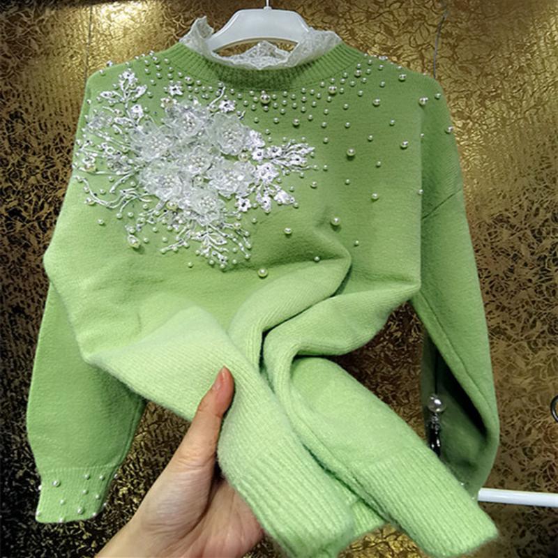 

Women's Sweaters Heavy Industry Winter Fashion Beaded Loose Bottoming Sweater Women Long Sleeve Thick Lace Ruffled Pullovers, White;black